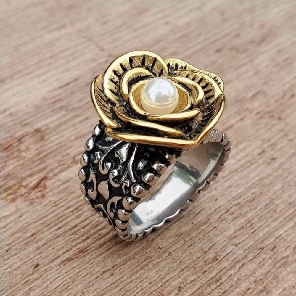 Antique Gold and Silver - Two Tone Rose Ring with Pearl Accent - Sz 8